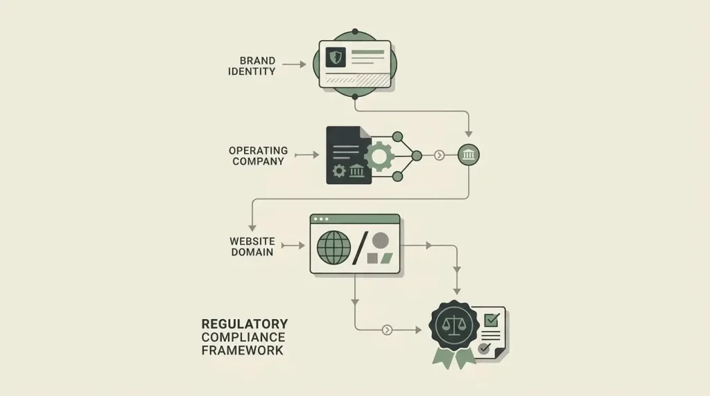 Abstract diagram showing separate brand, operator, domain and regulator layers around an online casino relationship