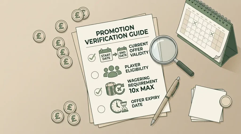 Checklist for checking UK casino bonus terms, including eligibility, wagering and dates