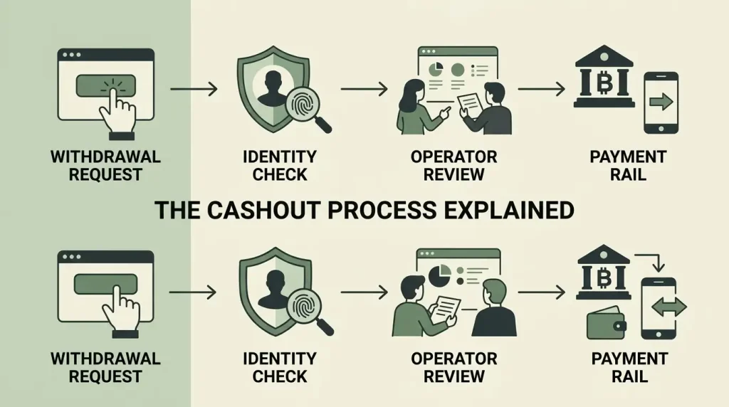 Illustration showing a cashout request moving through identity verification, operator review and a payment rail