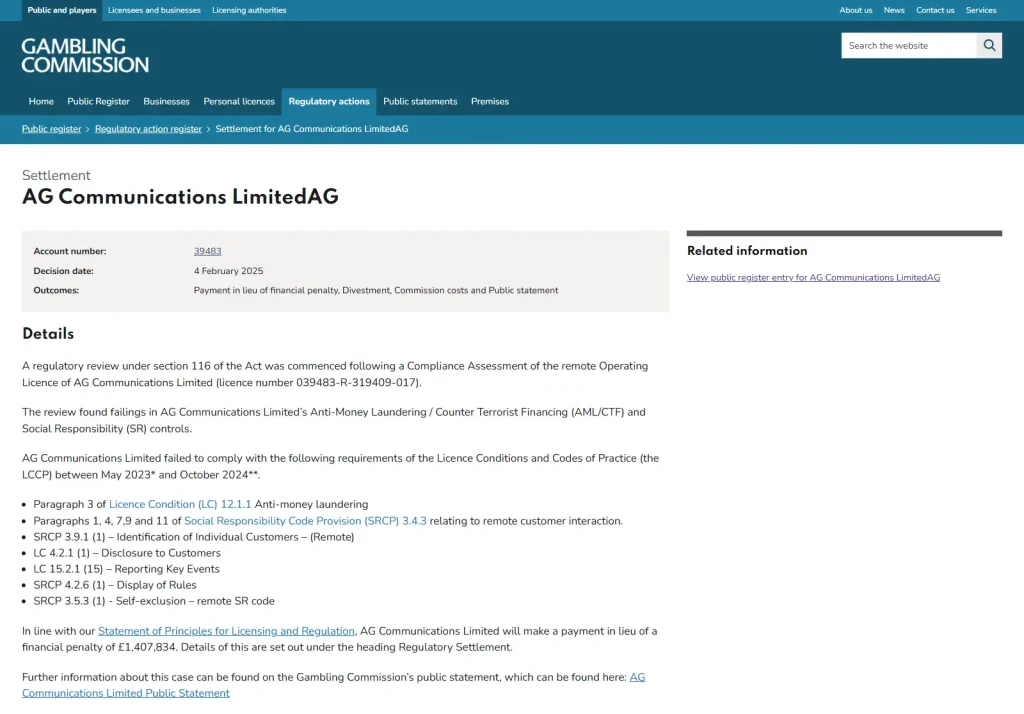 Image of the Gambling Commission regulatory action entry for AG Communications Limited