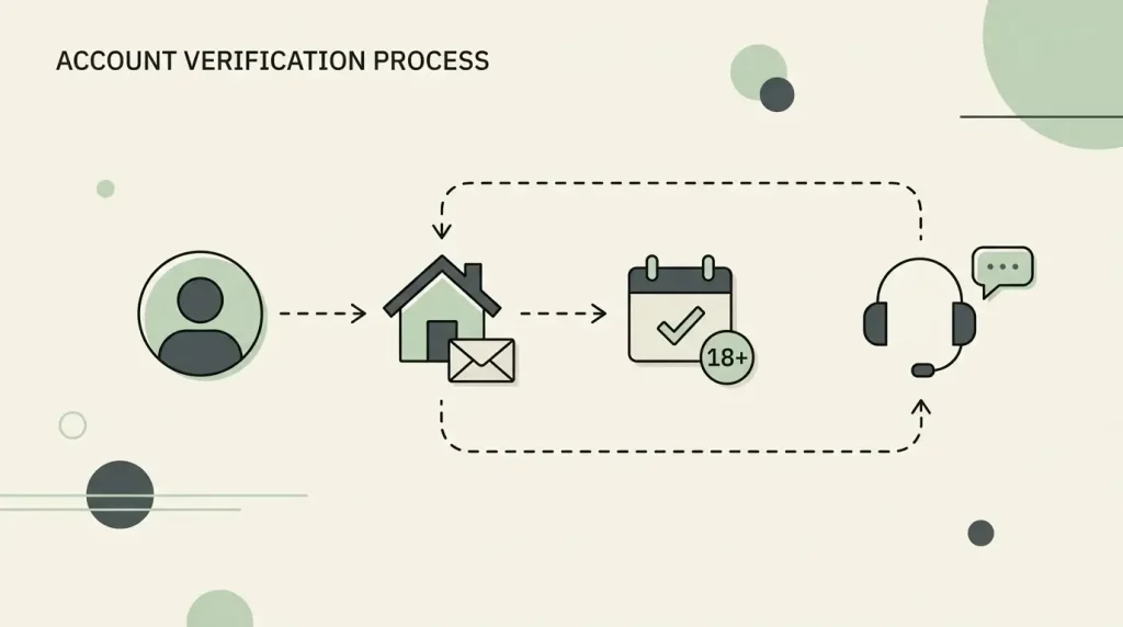Neutral account verification diagram showing identity, address, date of birth and support checks