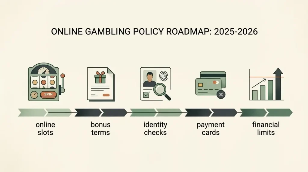 Timeline-style illustration of Great Britain online gambling rule changes in 2025 and 2026